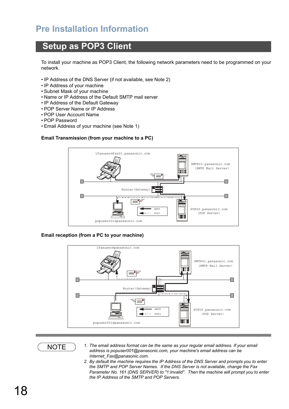 Setup as pop3 client, Pre installation information | Panasonic DX-800 User Manual | Page 18 / 256