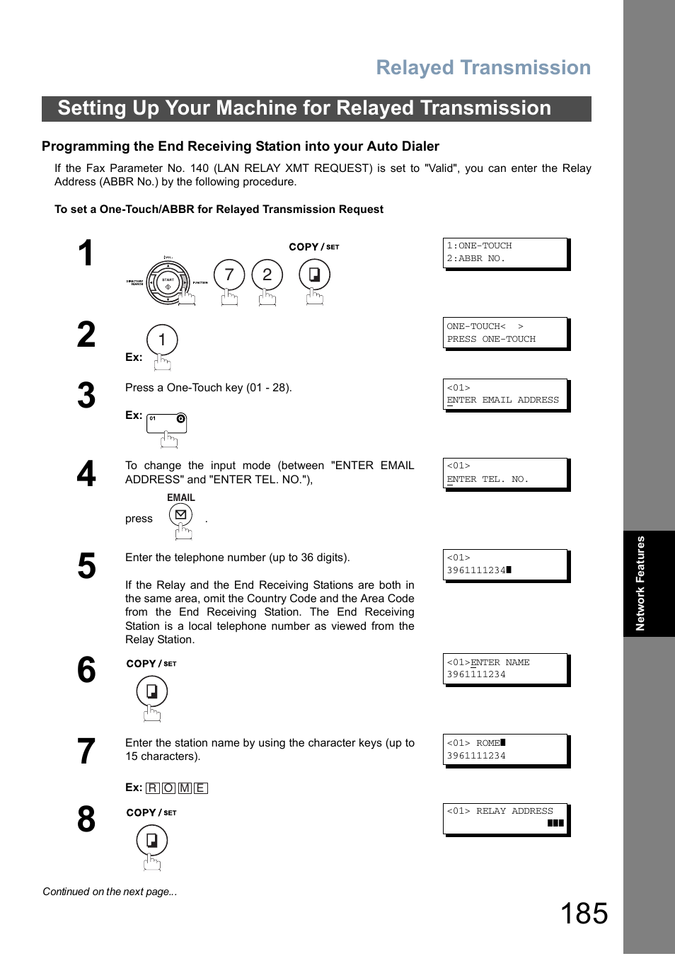 Setting up your machine for relayed transmission, Relayed transmission | Panasonic DX-800 User Manual | Page 185 / 256