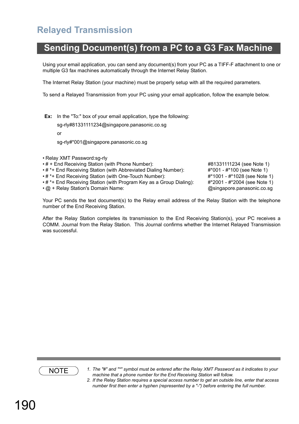 Sending document(s) from a pc to a g3 fax machine, Relayed transmission | Panasonic DX-800 User Manual | Page 190 / 256