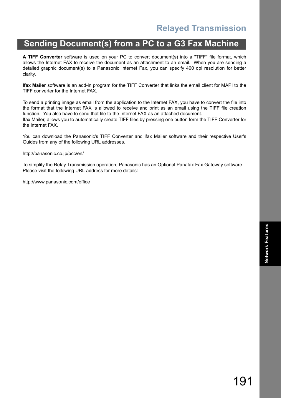 Relayed transmission, Sending document(s) from a pc to a g3 fax machine | Panasonic DX-800 User Manual | Page 191 / 256