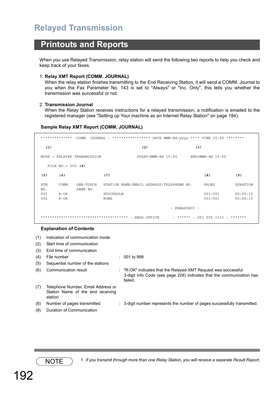 Printouts and reports, Relayed transmission | Panasonic DX-800 User Manual | Page 192 / 256