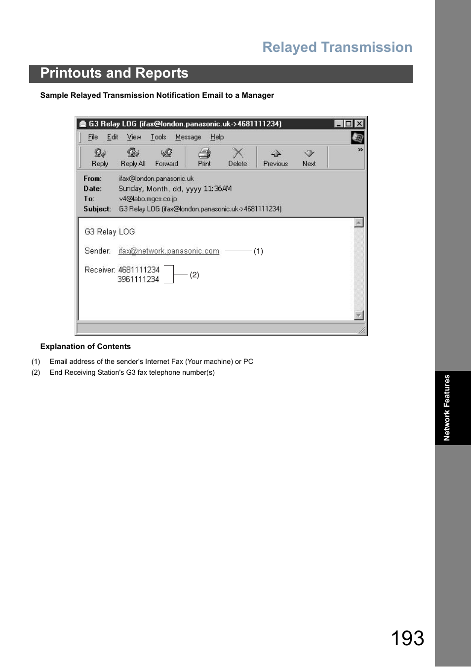 To 193), Relayed transmission, Printouts and reports | Panasonic DX-800 User Manual | Page 193 / 256