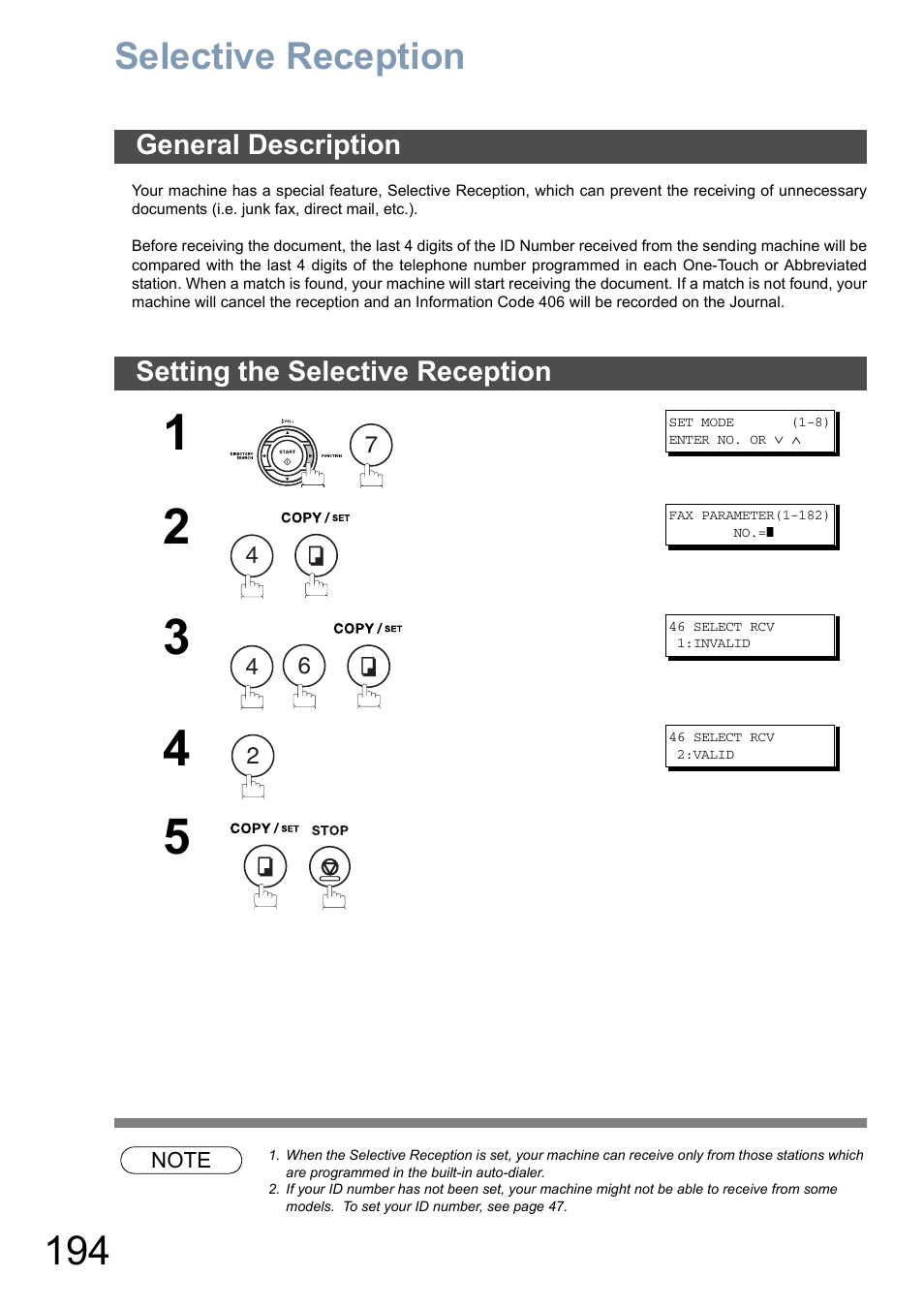 Selective reception, General description, Setting the selective reception | Panasonic DX-800 User Manual | Page 194 / 256