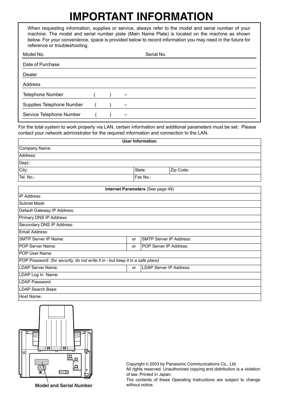 Important information | Panasonic DX-800 User Manual | Page 2 / 256