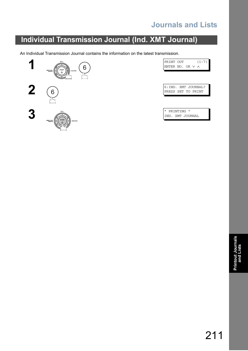 Individual transmission journal (ind. xmt journal), Journals and lists | Panasonic DX-800 User Manual | Page 211 / 256