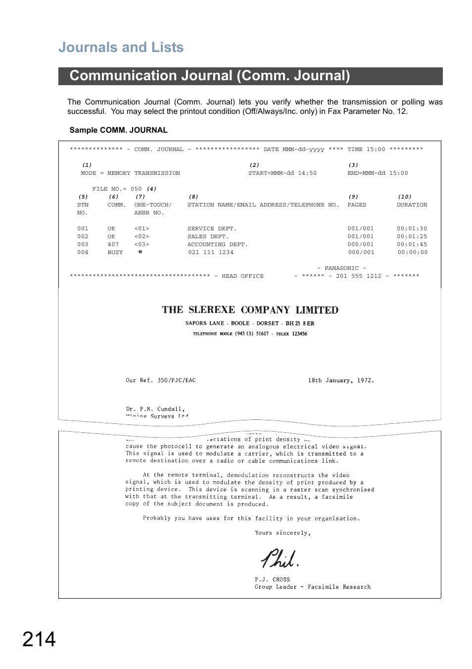 Communication journal (comm. journal), Journals and lists | Panasonic DX-800 User Manual | Page 214 / 256