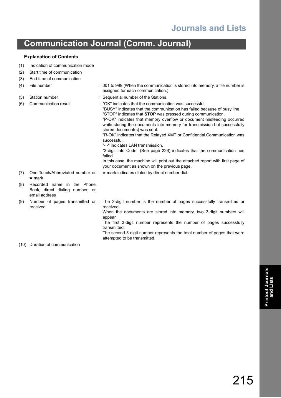 Journals and lists, Communication journal (comm. journal) | Panasonic DX-800 User Manual | Page 215 / 256