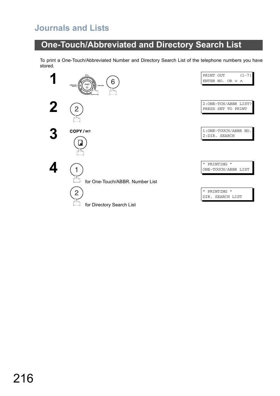 One-touch/abbreviated and directory search list, Journals and lists | Panasonic DX-800 User Manual | Page 216 / 256