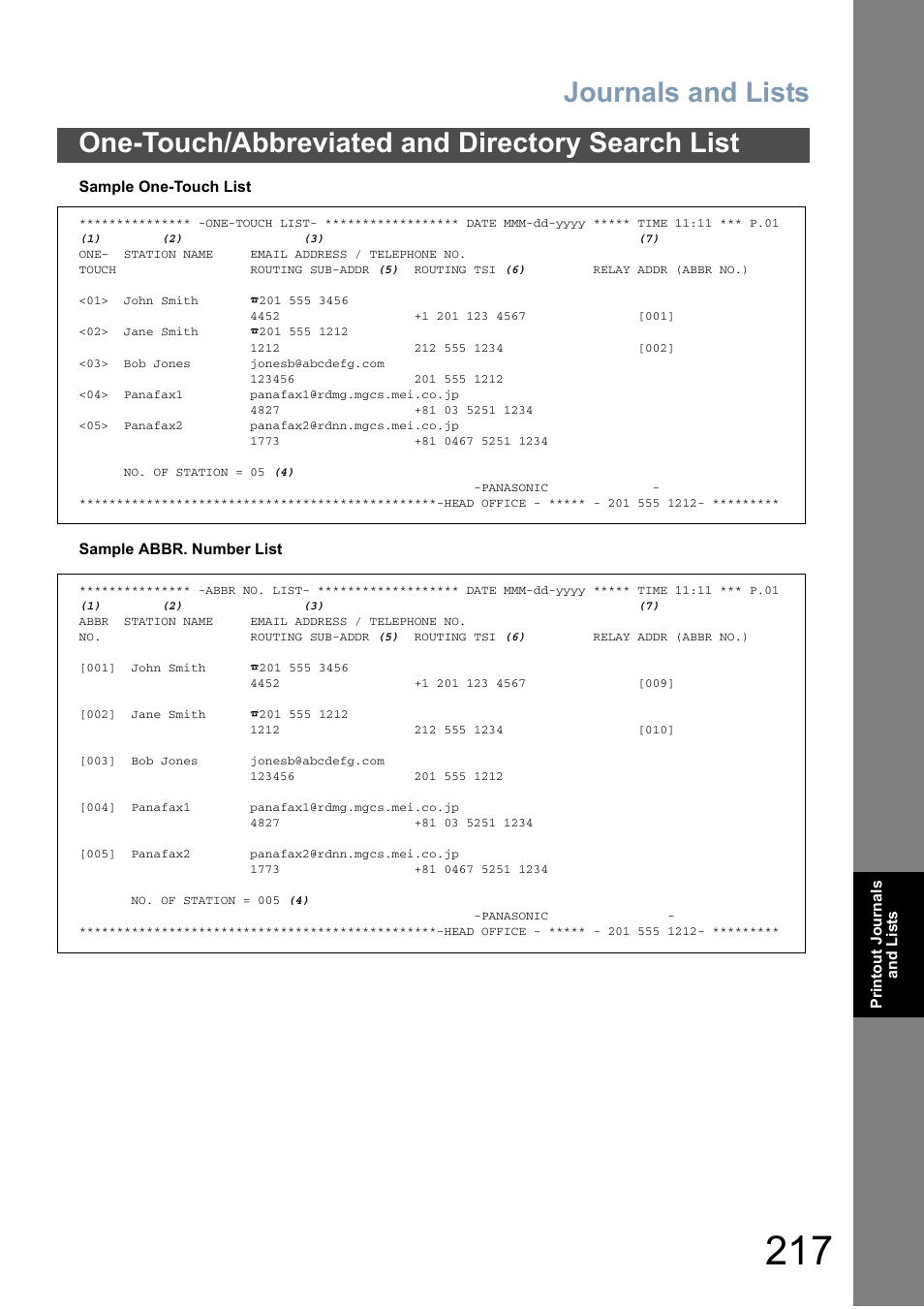 Journals and lists, One-touch/abbreviated and directory search list | Panasonic DX-800 User Manual | Page 217 / 256