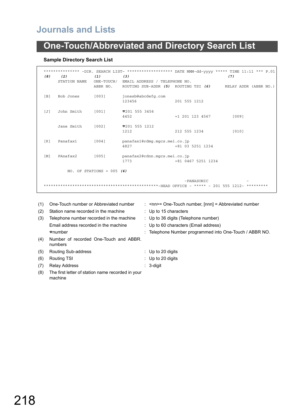 Journals and lists, One-touch/abbreviated and directory search list | Panasonic DX-800 User Manual | Page 218 / 256