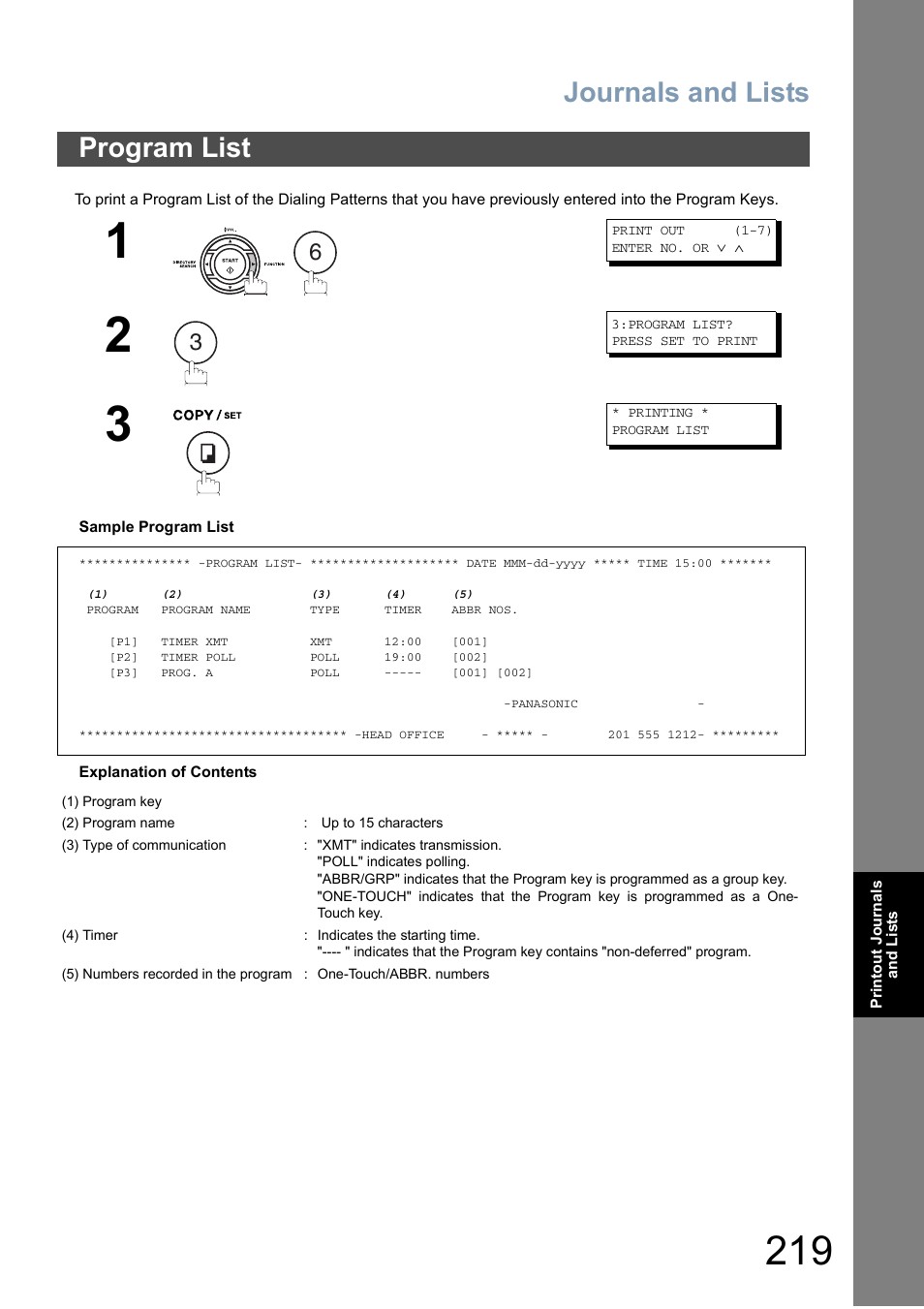 Program list, Journals and lists | Panasonic DX-800 User Manual | Page 219 / 256