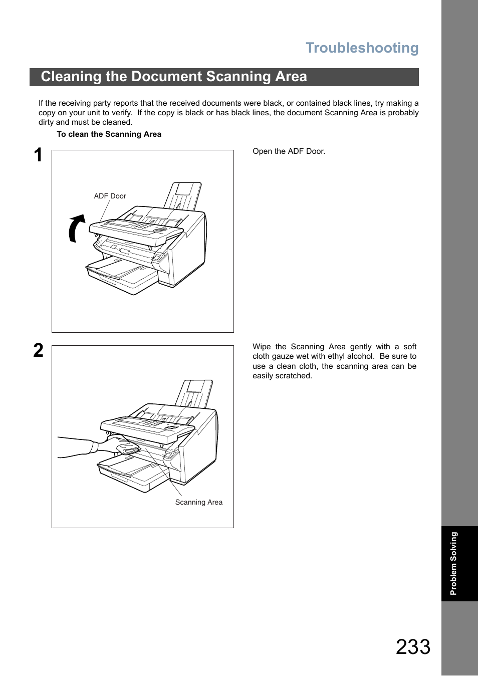 Cleaning the document scanning area, Troubleshooting | Panasonic DX-800 User Manual | Page 233 / 256