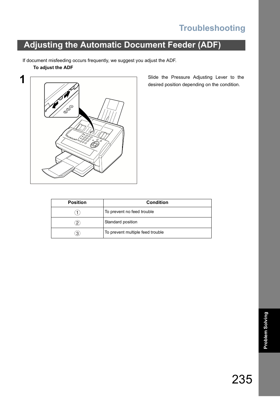 Adjusting the automatic document feeder (adf), Troubleshooting | Panasonic DX-800 User Manual | Page 235 / 256