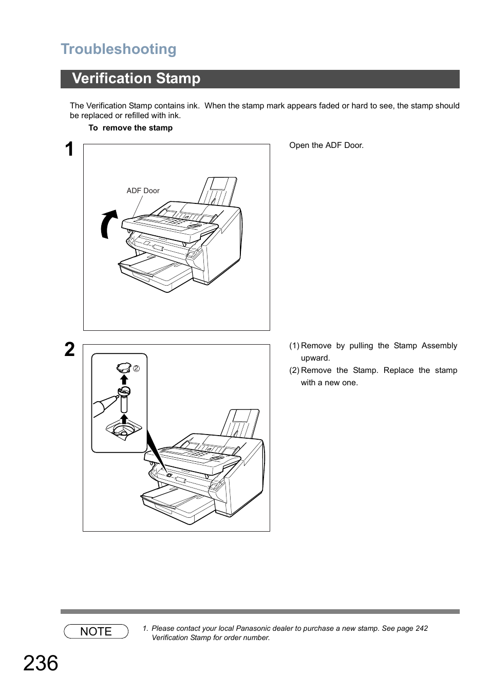 Verification stamp, Troubleshooting | Panasonic DX-800 User Manual | Page 236 / 256