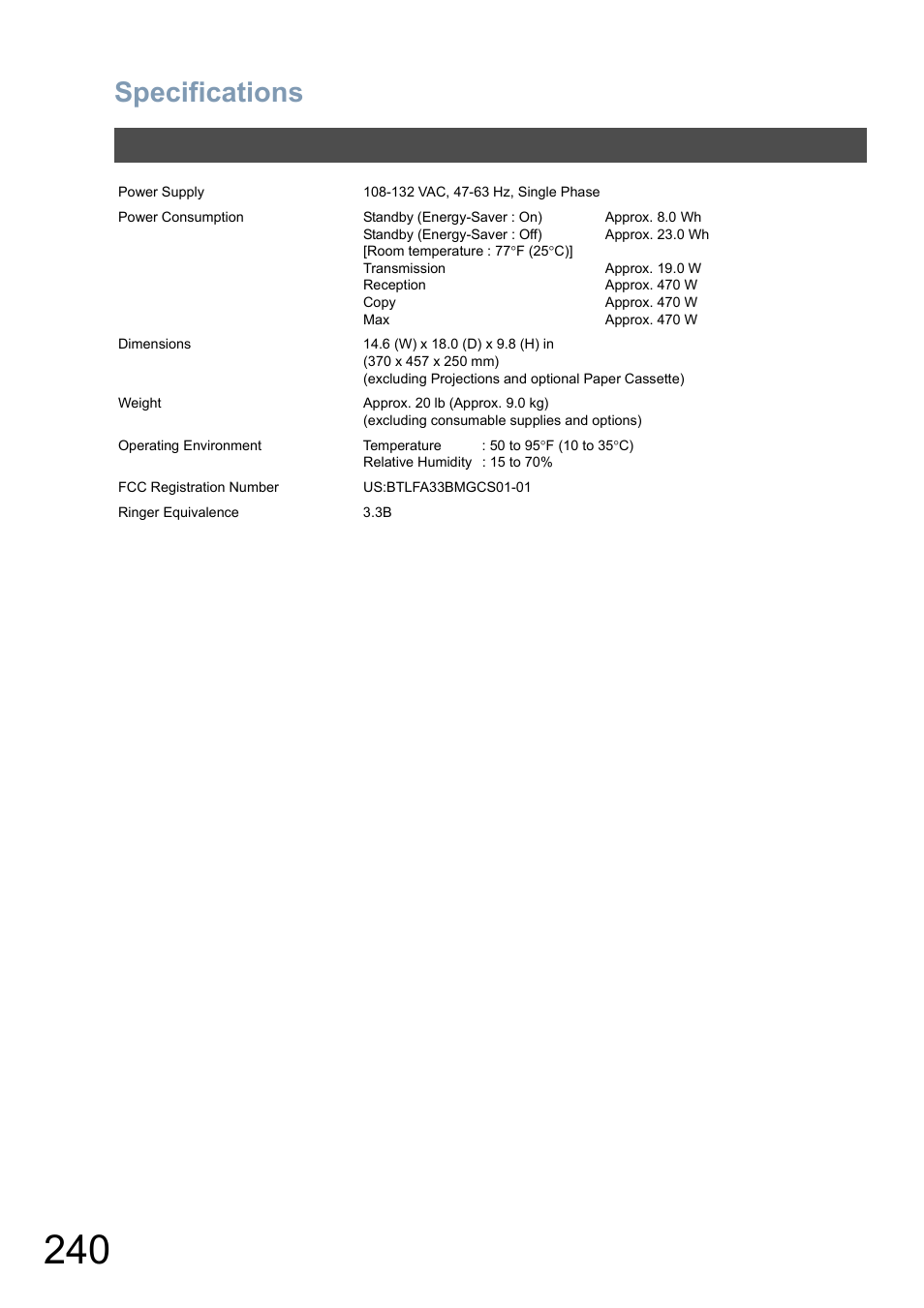 Specifications | Panasonic DX-800 User Manual | Page 240 / 256
