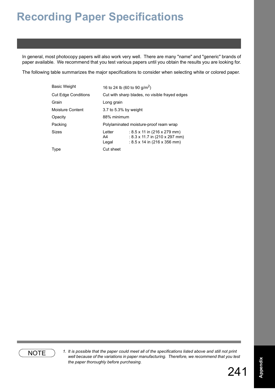 Paper specifications, Recording paper specifications | Panasonic DX-800 User Manual | Page 241 / 256