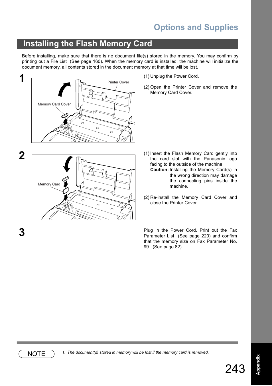 Installing the flash memory card, Options and supplies | Panasonic DX-800 User Manual | Page 243 / 256