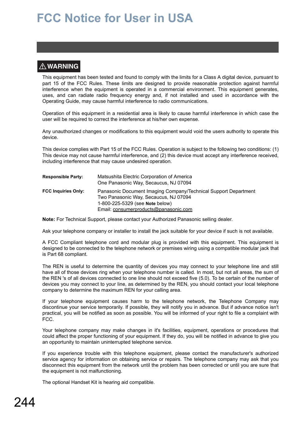 Fcc notice for user in usa | Panasonic DX-800 User Manual | Page 244 / 256