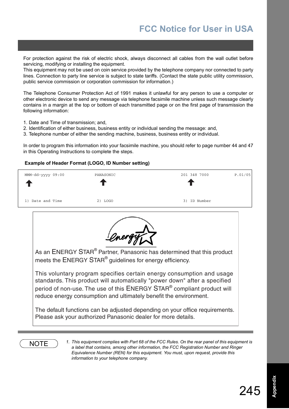 Fcc notice for user in usa | Panasonic DX-800 User Manual | Page 245 / 256