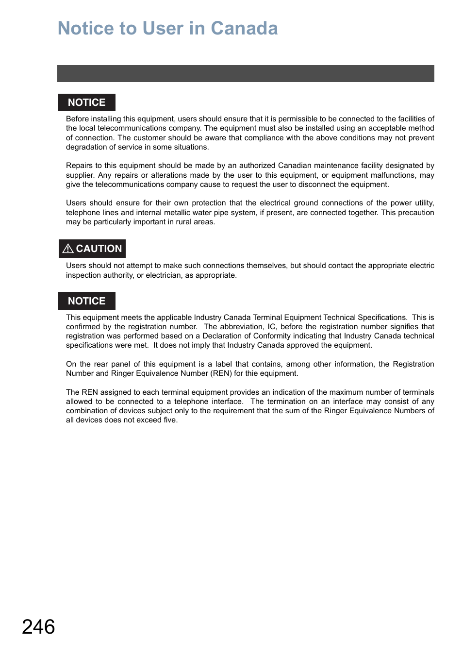 Notice to user in canada | Panasonic DX-800 User Manual | Page 246 / 256