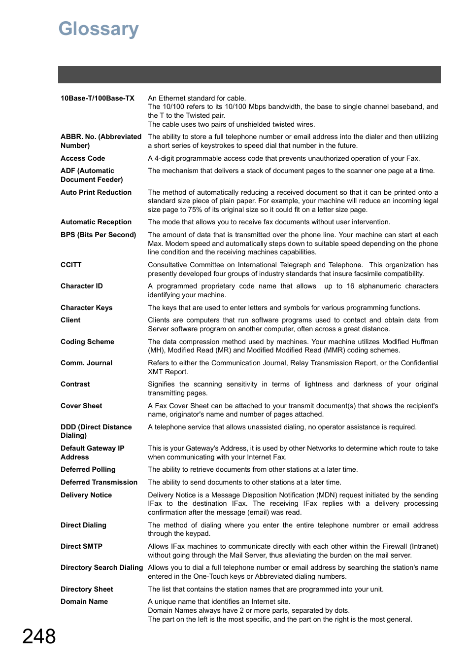 Glossary | Panasonic DX-800 User Manual | Page 248 / 256