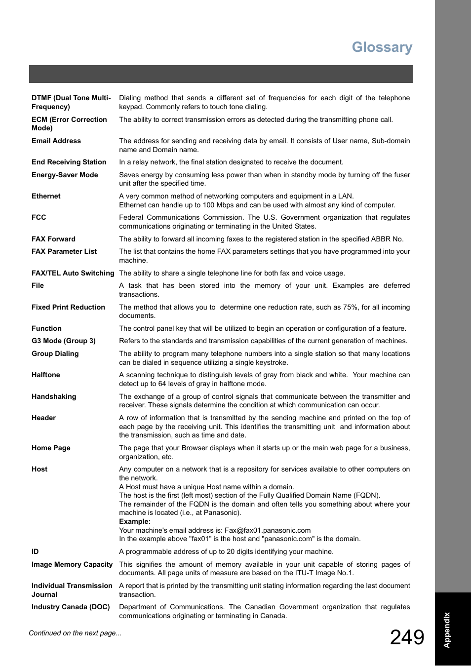 Glossary | Panasonic DX-800 User Manual | Page 249 / 256