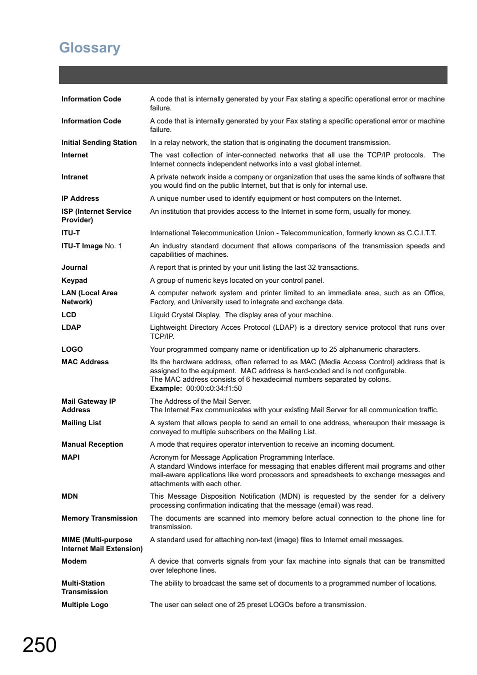 Glossary | Panasonic DX-800 User Manual | Page 250 / 256