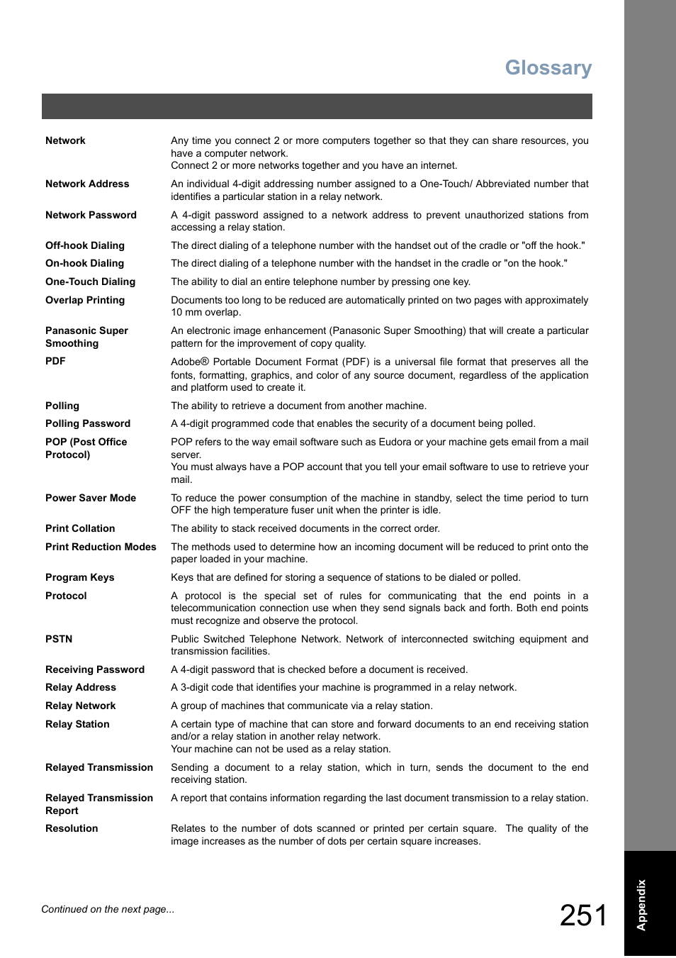 Glossary | Panasonic DX-800 User Manual | Page 251 / 256