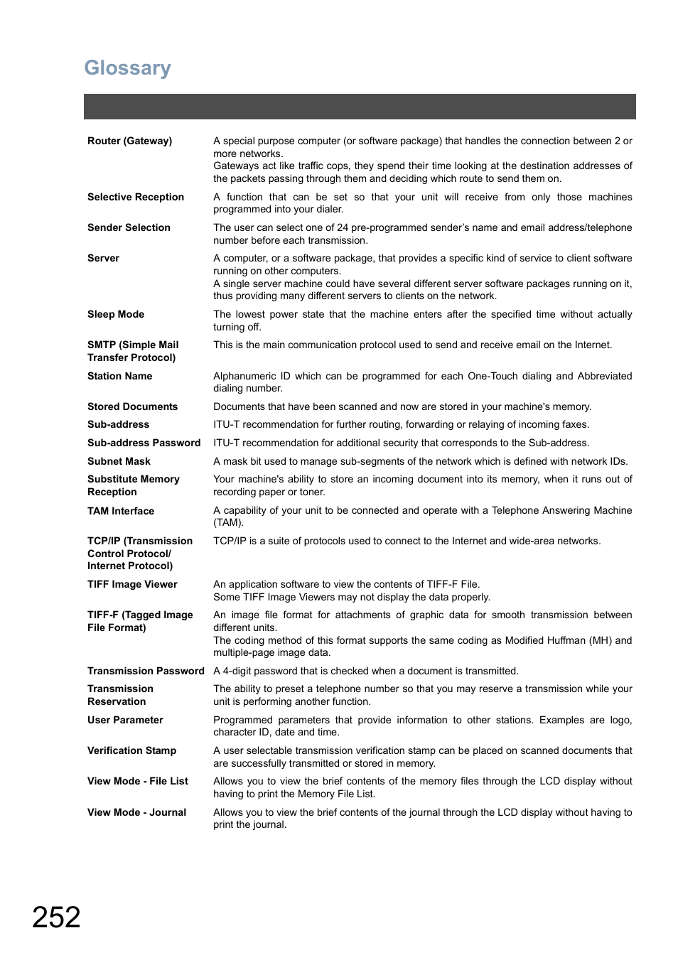 Glossary | Panasonic DX-800 User Manual | Page 252 / 256