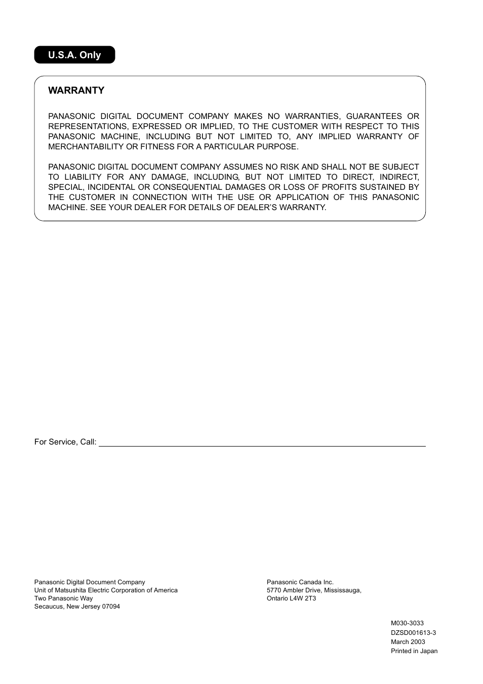 Warranty u.s.a. only | Panasonic DX-800 User Manual | Page 256 / 256