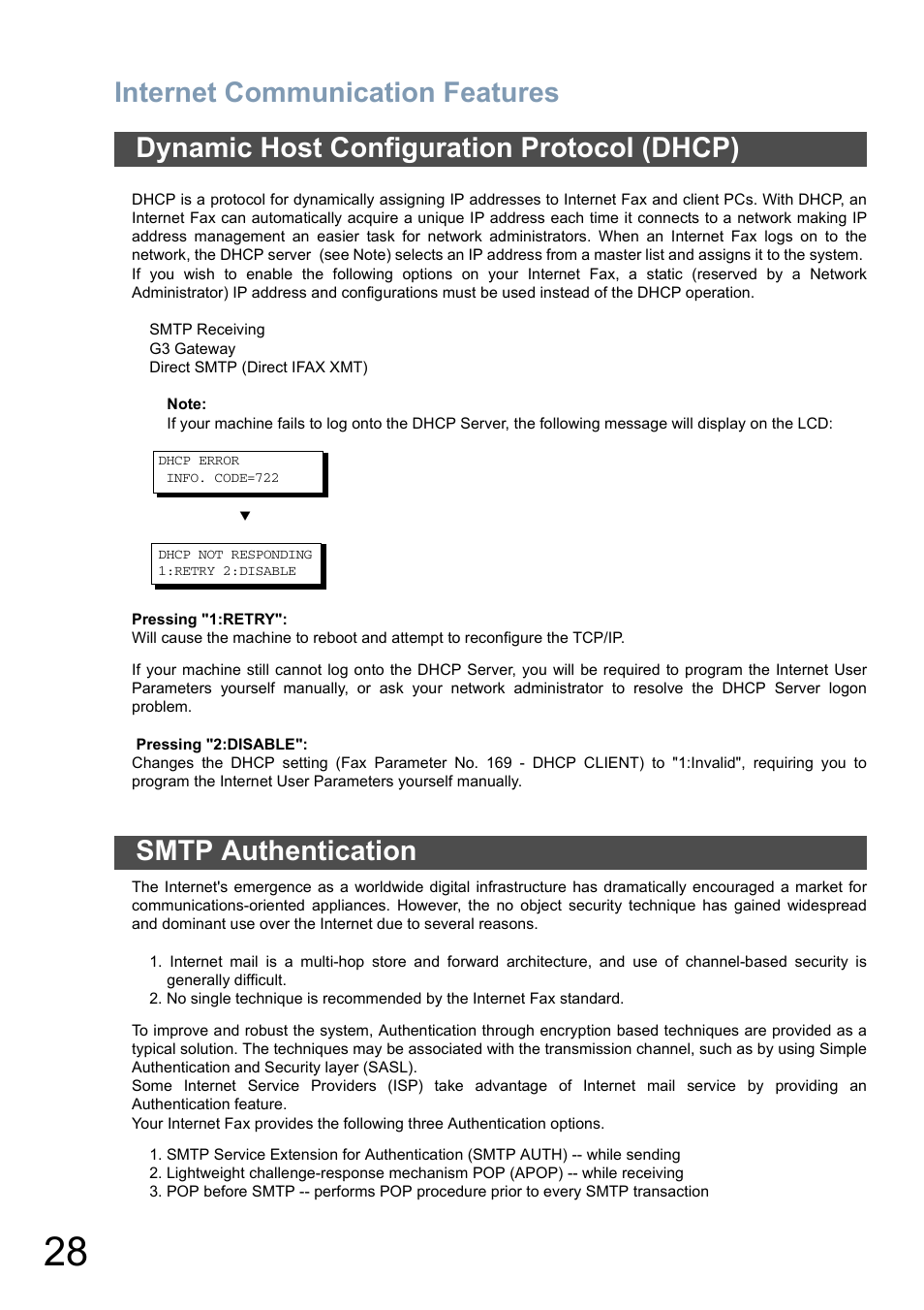 Dynamic host configuration protocol (dhcp), Smtp authentication, Internet communication features | Panasonic DX-800 User Manual | Page 28 / 256
