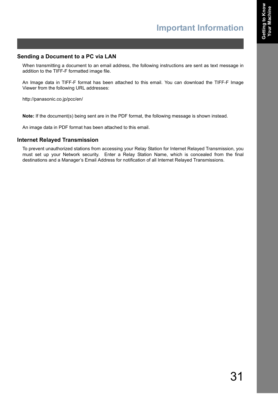 Important information | Panasonic DX-800 User Manual | Page 31 / 256