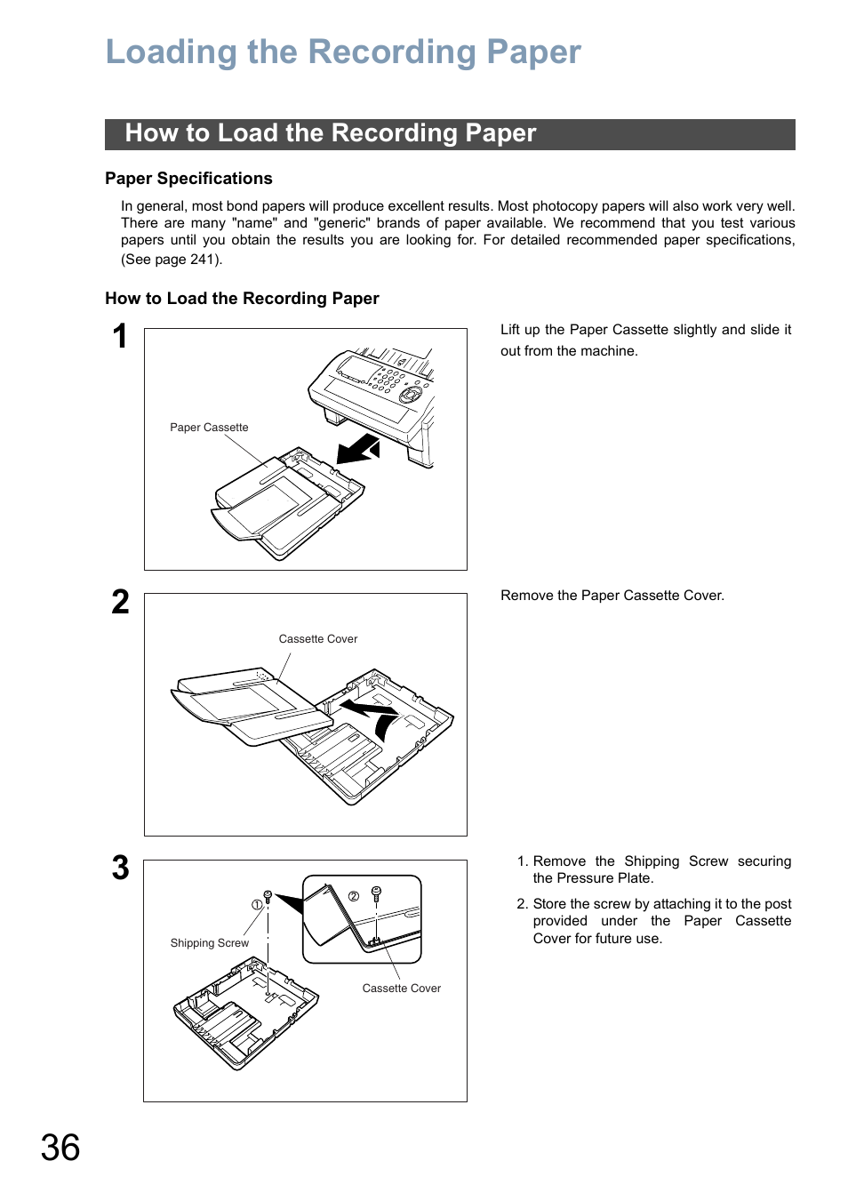 Loading the recording paper, How to load the recording paper | Panasonic DX-800 User Manual | Page 36 / 256