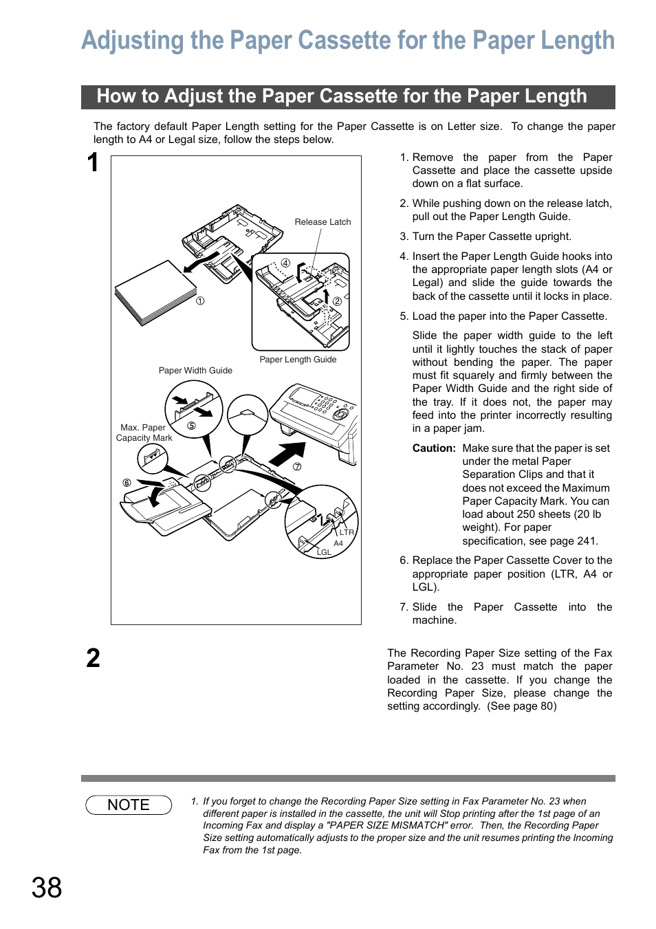 Adjusting the paper cassette for the paper length | Panasonic DX-800 User Manual | Page 38 / 256