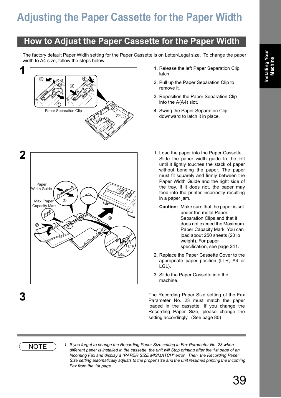Adjusting the paper cassette for the paper width | Panasonic DX-800 User Manual | Page 39 / 256