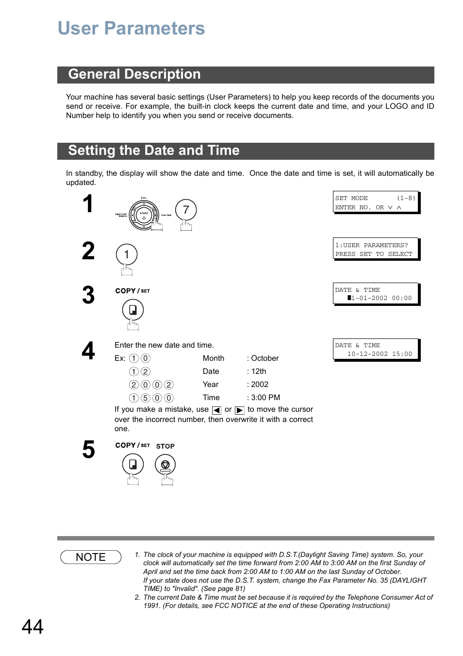 User parameters, General description, Setting the date and time | General description setting the date and time | Panasonic DX-800 User Manual | Page 44 / 256