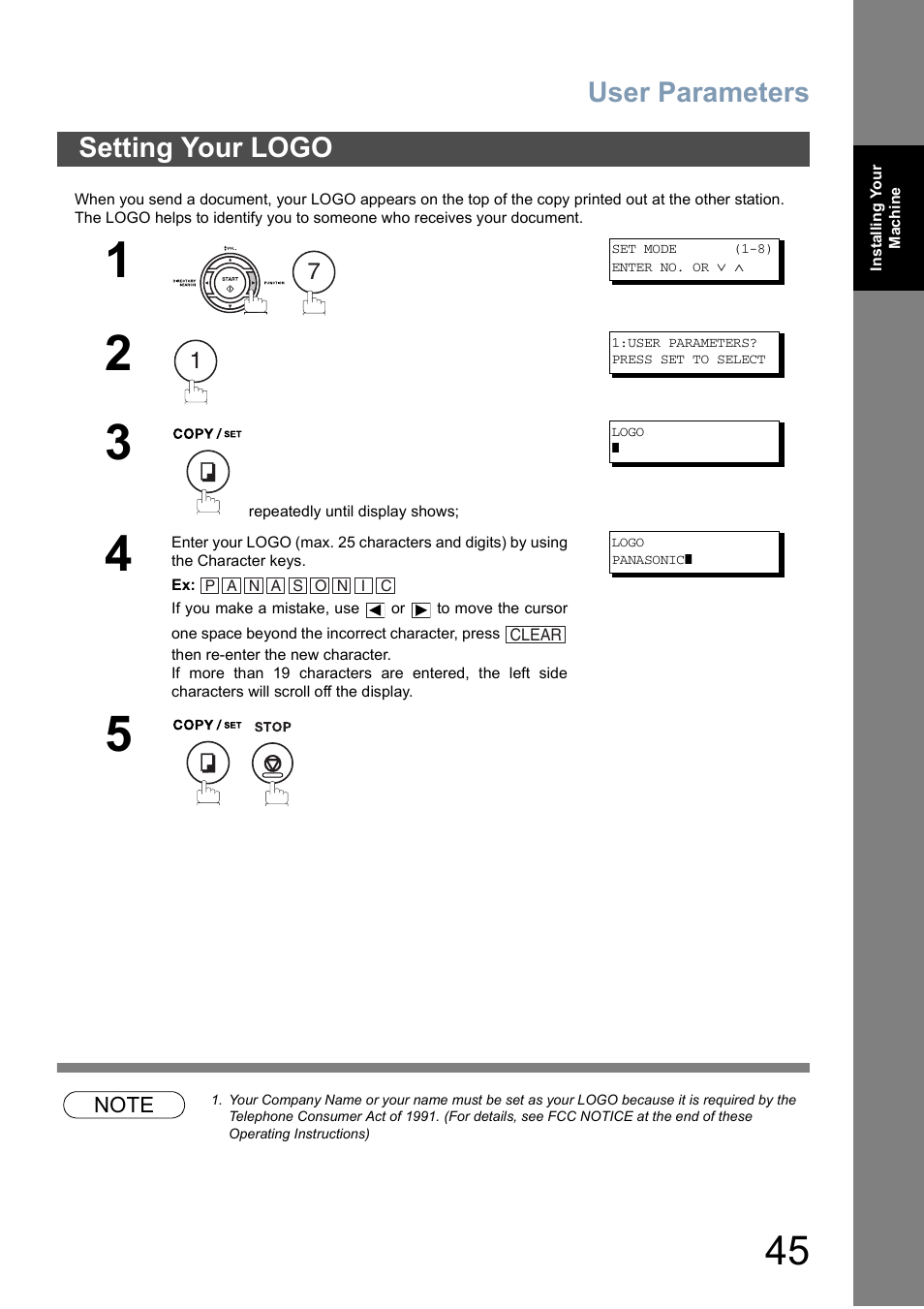 Setting your logo, User parameters | Panasonic DX-800 User Manual | Page 45 / 256