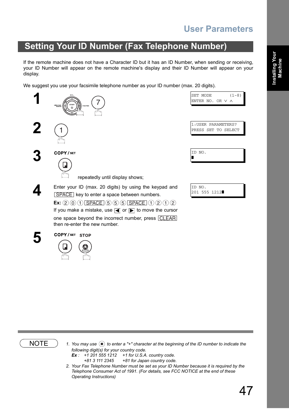 Setting your id number (fax telephone number), User parameters | Panasonic DX-800 User Manual | Page 47 / 256