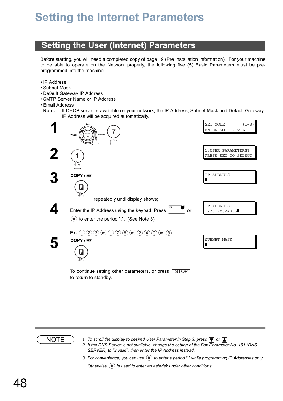 Setting the internet parameters, Setting the user (internet) parameters | Panasonic DX-800 User Manual | Page 48 / 256