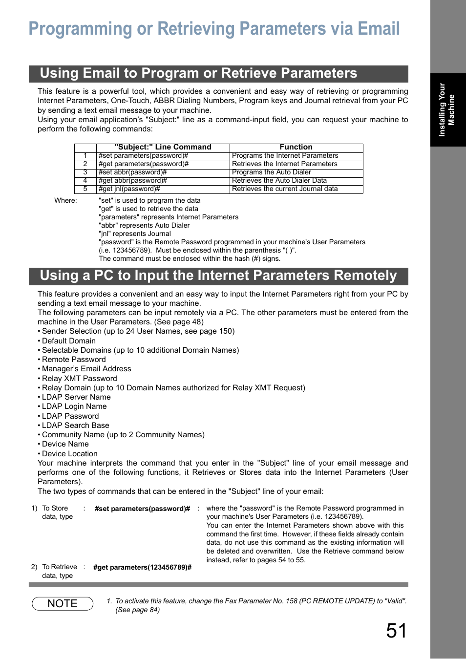 Programming or retrieving parameters, Using email to program or retrieve parameters, Programming or retrieving parameters via email | Panasonic DX-800 User Manual | Page 51 / 256