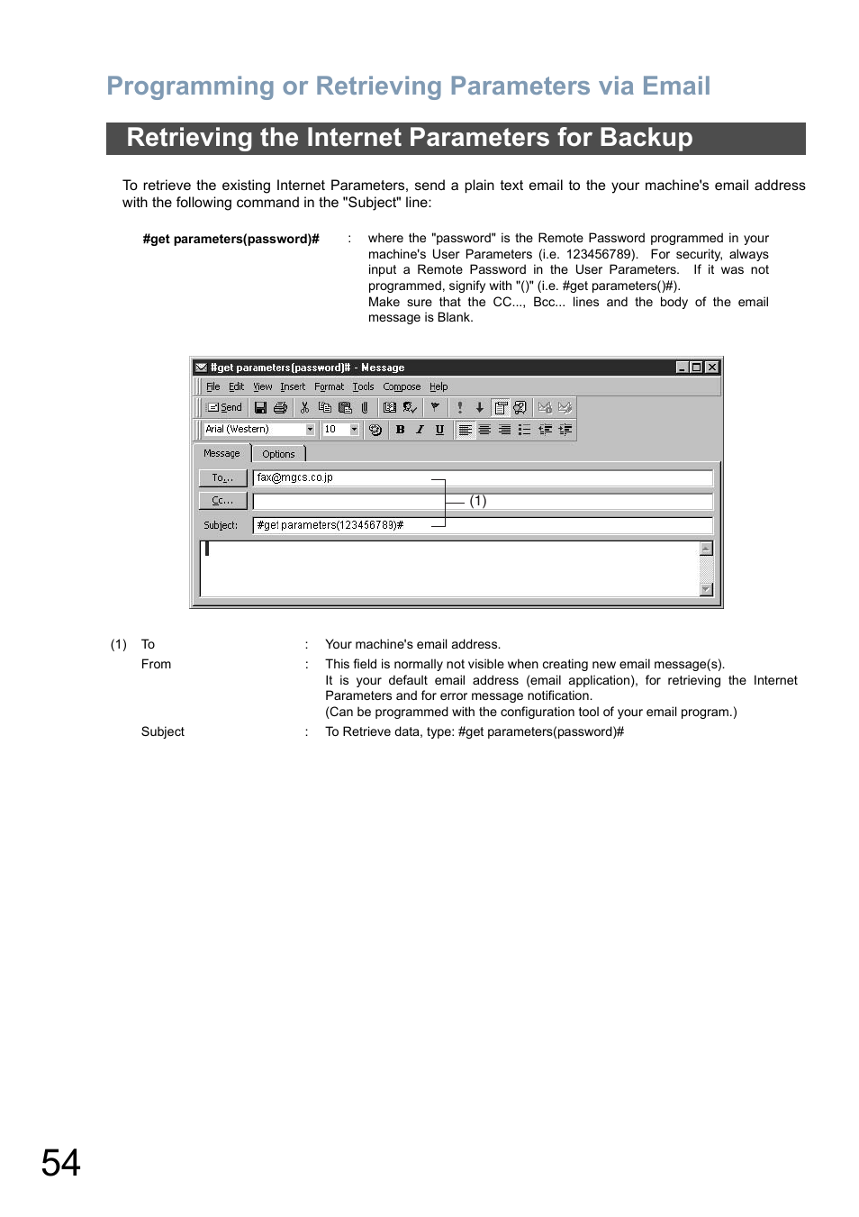 Retrieving the internet parameters for backup, Programming or retrieving parameters via email | Panasonic DX-800 User Manual | Page 54 / 256