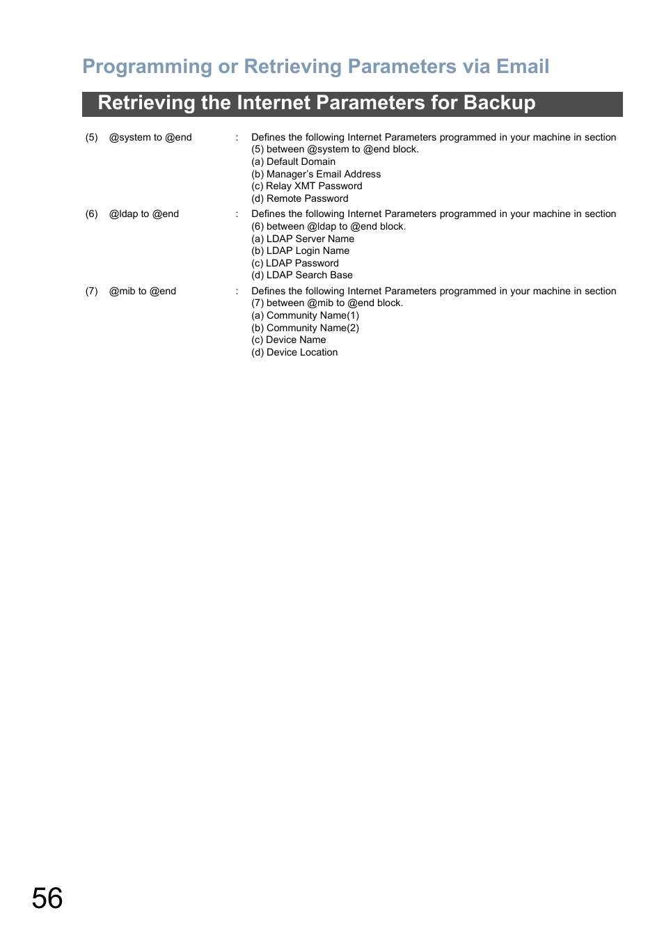 Programming or retrieving parameters via email, Retrieving the internet parameters for backup | Panasonic DX-800 User Manual | Page 56 / 256