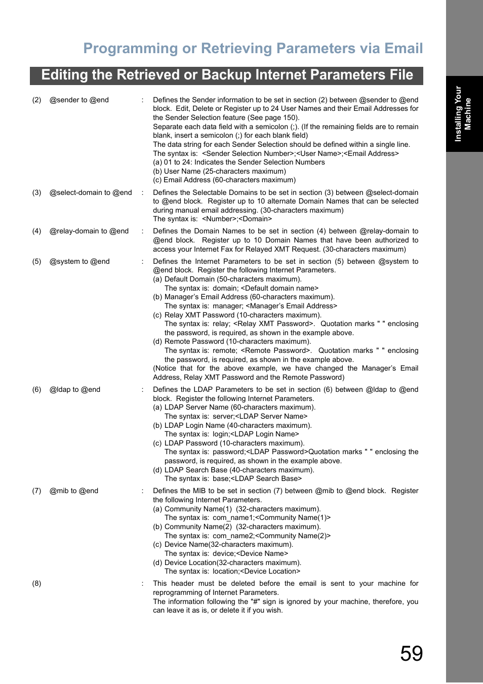 Programming or retrieving parameters via email | Panasonic DX-800 User Manual | Page 59 / 256