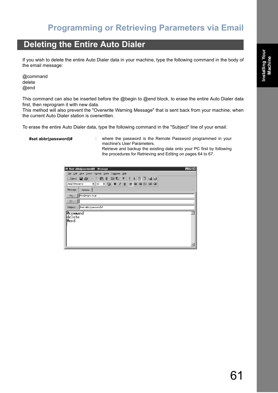 Deleting the entire auto dialer, Programming or retrieving parameters via email | Panasonic DX-800 User Manual | Page 61 / 256