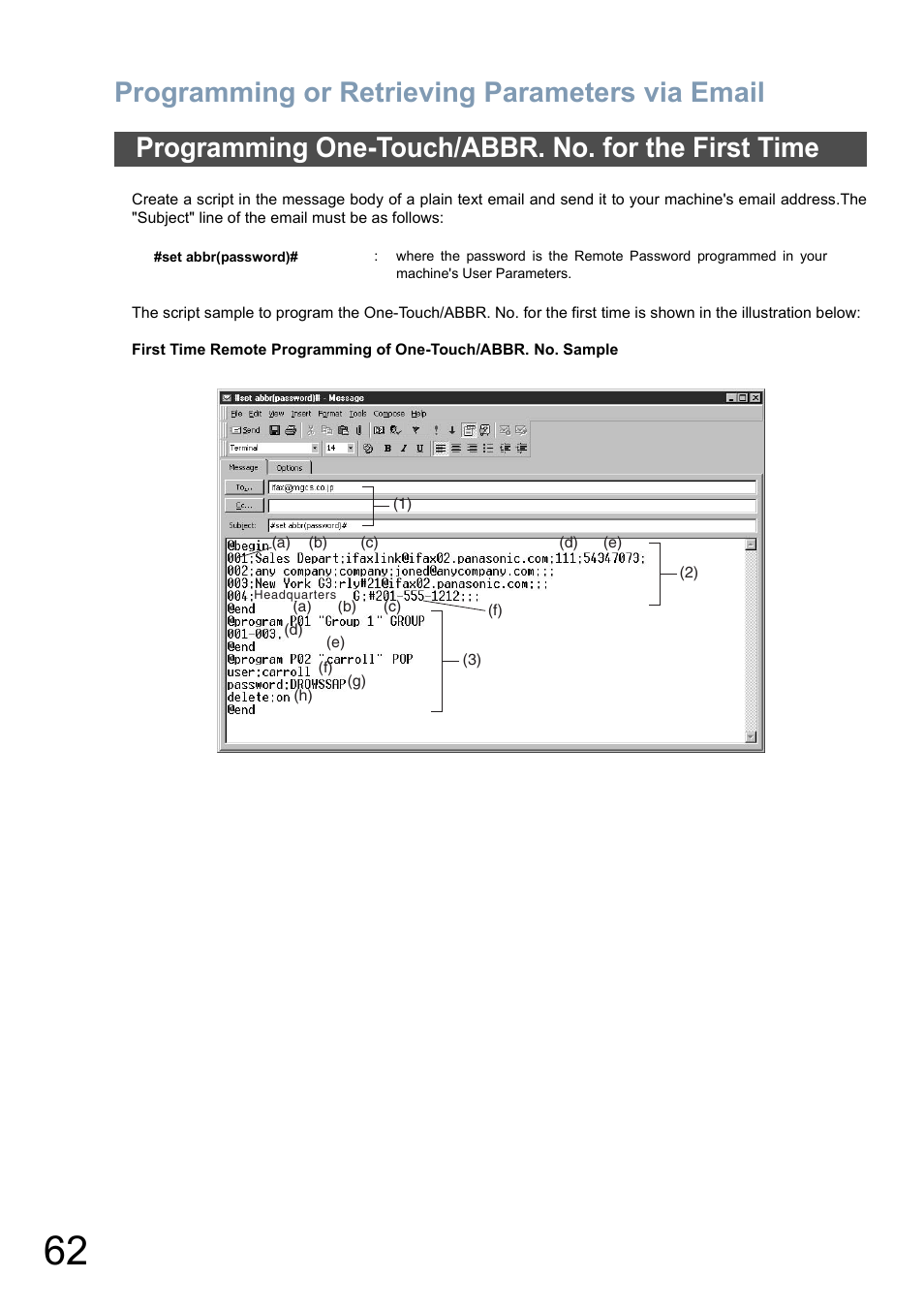 Programming one-touch/abbr. no. for the first time, Programming or retrieving parameters via email | Panasonic DX-800 User Manual | Page 62 / 256