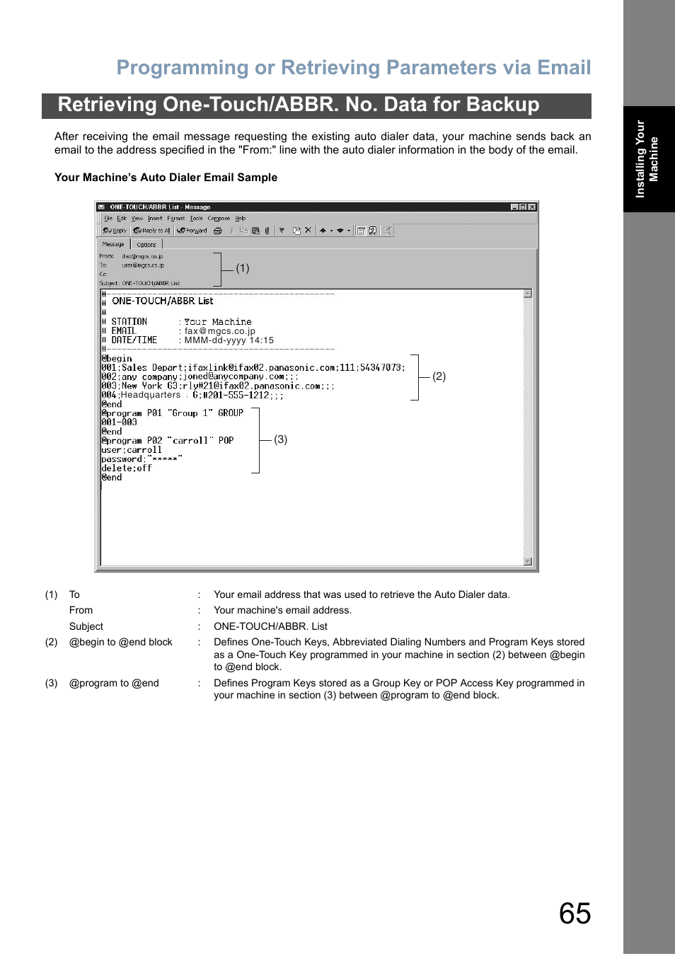 Programming or retrieving parameters via email, Retrieving one-touch/abbr. no. data for backup | Panasonic DX-800 User Manual | Page 65 / 256