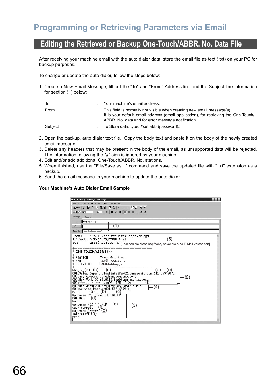 66 to, Programming or retrieving parameters via email | Panasonic DX-800 User Manual | Page 66 / 256