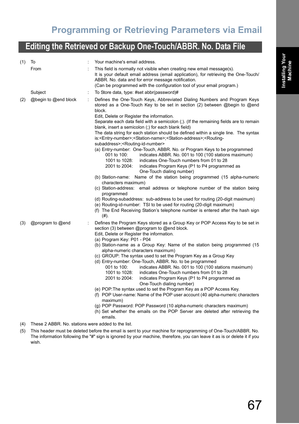 Programming or retrieving parameters via email | Panasonic DX-800 User Manual | Page 67 / 256