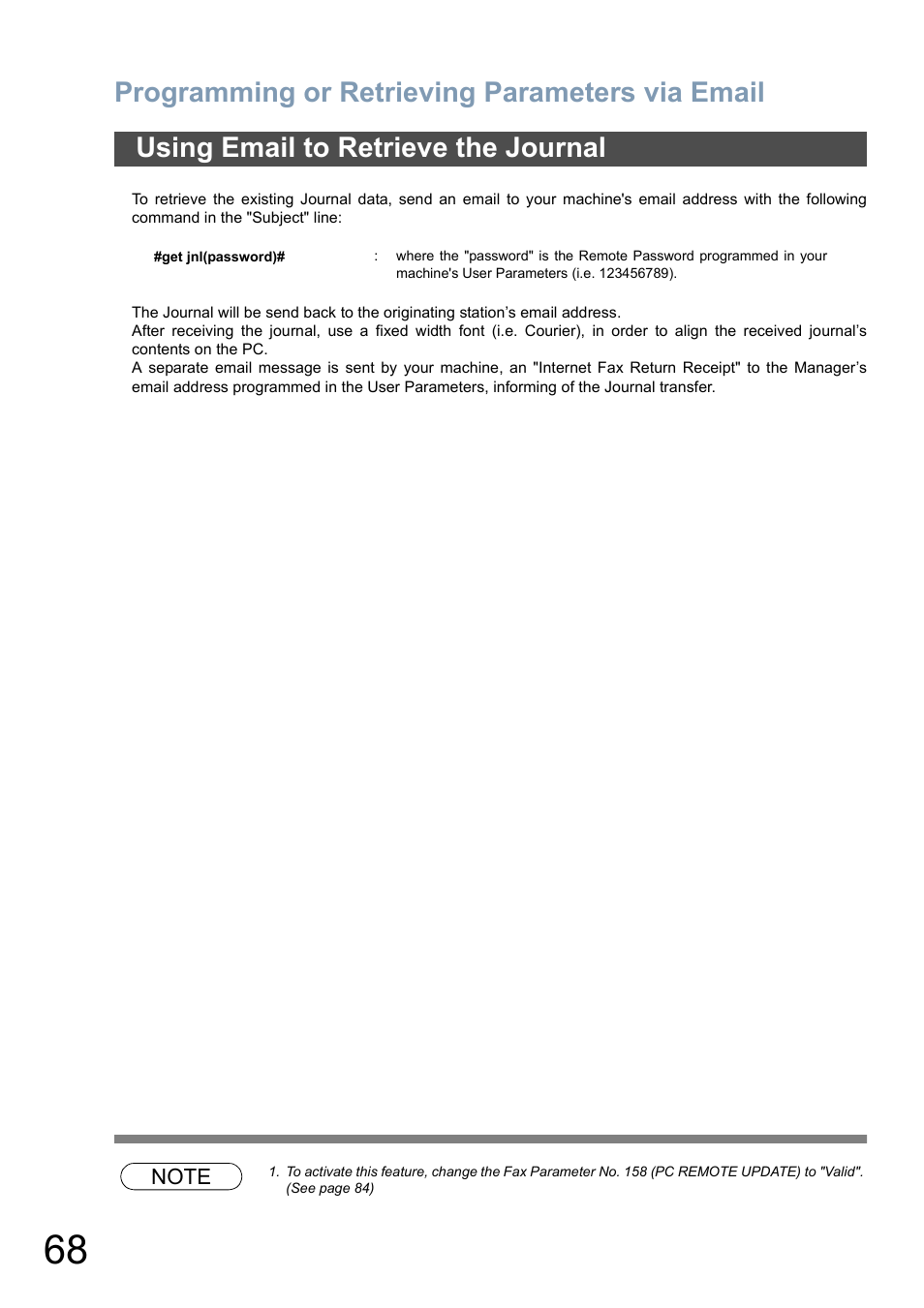 Using email to retrieve the journal, Programming or retrieving parameters via email | Panasonic DX-800 User Manual | Page 68 / 256