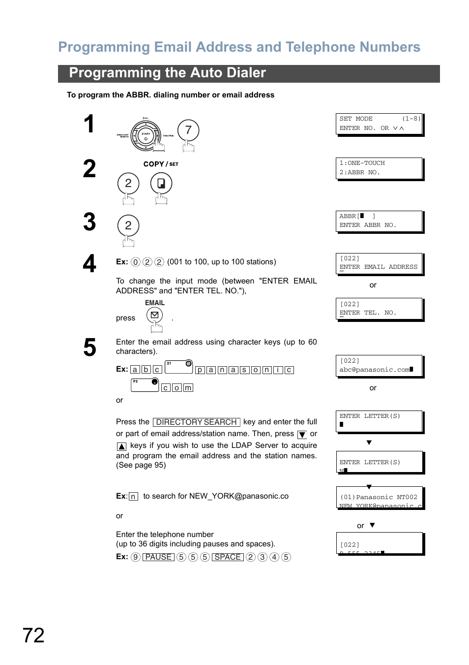 Programming email address and telephone numbers, Programming the auto dialer | Panasonic DX-800 User Manual | Page 72 / 256